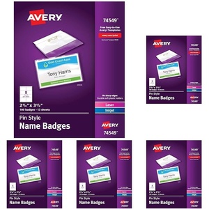 image:imageAvery Customizable Name Badges Pin Style 225 x 35 Clear Name Tag Holders White LaserInkjet Printable Inserts 100 Total 74549holders