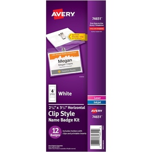 image:imageAvery Customizable Name Badges with Clips 225 x 35 Clear Name Tag Holders with White Printable Inserts 12 Clip Style Name Badges 746511 Pack