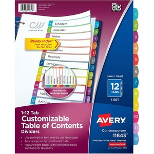 image:imageAvery Dividers for 3 Ring Binders 12 Tabs per Set Customizable Table of Contents Multicolor Arched Tabs Great for Organizing Reports Projects and More 24 Sets of 1184324 Set
