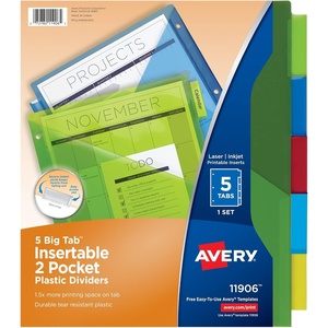 image:imageAvery Dividers for 3 Ring Binders 5Tab TwoPocket Plastic Binder Dividers Multicolor 24 Sets of 11906