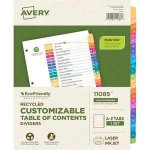 image:imageAvery EcoFriendly Recycled AZ Dividers for 3 Ring Binders 26 Tabs per Set Customizable Table of Contents Multicolor Tabs Great for Organizing Reports Projects and More 11085