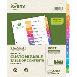 image:imageAvery EcoFriendly Recycled Dividers for 3 Ring Binders 12 Tabs per Set Customizable Table of Contents Multicolor Tabs Great for Organizing Reports Projects and More 3 Sets of 11083