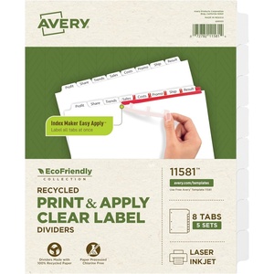 image:imageAvery EcoFriendly Recycled Dividers for 3 Ring Binders 8Tab White Tabs Index Maker Print and Apply Clear Label Strip 5 Sets for 40 Binder Dividers Total 115818 tabs