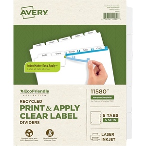 image:imageAvery EcoFriendly Recycled Dividers for 3 Ring Binders 8Tab White Tabs Index Maker Print and Apply Clear Label Strip 5 Sets for 40 Binder Dividers Total 115815 Tabs