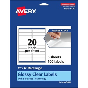 image:imageAvery Glossy Clear Rectangle Labels Sure Feed Technology 1 x 4 200 Glossy Clear Labels LaserInkjet Printable100 labels