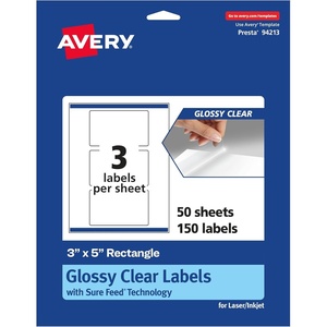 image:imageAvery Glossy Clear Rectangle Labels Sure Feed Technology 3 x 5 30 Glossy Clear Labels PrinttoTheEdge LaserInkjet Printable150 labels