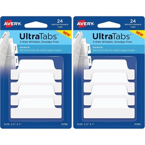 image:imageAvery Margin Ultra Tabs 25 x 1 2Side Writable White 24 Repositionable Page Tabs 7478924 Count Pack of 2