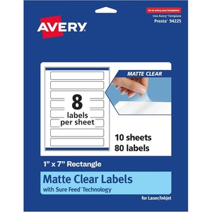 image:imageAvery Matte Clear Rectangle Labels Sure Feed Technology 1 x 7 80 Matte Clear Labels PrinttoTheEdge LaserInkjet Printable80 labels