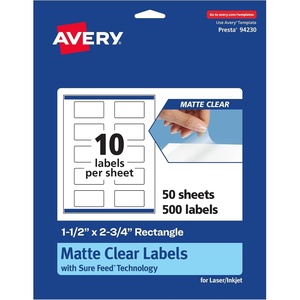 image:imageAvery Matte Clear Rectangle Labels Sure Feed Technology 15 x 275 100 Matte Clear Labels PrinttoTheEdge LaserInkjet Printable500 labels