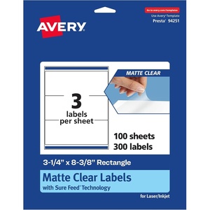 image:imageAvery Matte Clear Rectangle Labels Sure Feed Technology 314 x 838 150 Matte Clear Labels LaserInkjet Printable300 labels