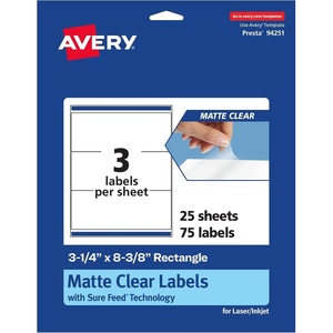 image:imageAvery Matte Clear Rectangle Labels Sure Feed Technology 314 x 838 150 Matte Clear Labels LaserInkjet Printable75 labels