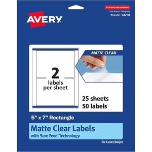 image:imageAvery Matte Clear Rectangle Labels Sure Feed Technology 5 x 7 20 Matte Clear Labels LaserInkjet Printable50 labels