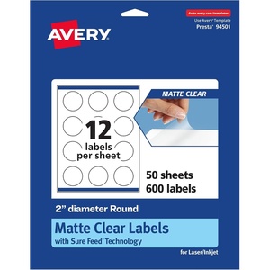 image:imageAvery Matte Clear Round Labels Sure Feed Technology 2 Diameter 120 Matte Clear Labels PrinttoTheEdge LaserInkjet Printable600 labels
