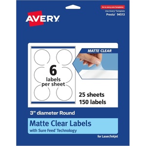 image:imageAvery Matte Clear Round Labels Sure Feed Technology 3 Diameter 60 Matte Clear Labels PrinttoTheEdge LaserInkjet Printable150 labels