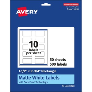 image:imageAvery Matte White Rectangle Labels Sure Feed Technology 15 x 275 250 Matte White Printable Labels500 Labels