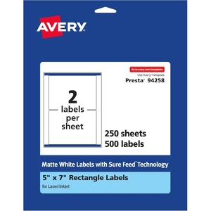 image:imageAvery Matte White Rectangle Labels Sure Feed Technology 5 x 7 50 Matte White Printable Labels500 Labels