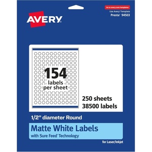 image:imageAvery Matte White Round Labels Sure Feed Technology 12 Diameter 3850 Matte White Printable Labels38 500 Labels