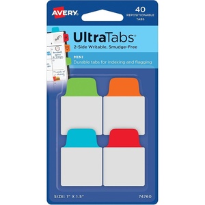 image:imageAvery Mini Ultra Tabs 1 x 15 2Side Writable Assorted Primary Colors 40 Repositionable Tabs 74760Assorted Colors