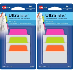 image:imageAvery Multiuse Ultra Tabs 2 x 15 2Side Writable Neon PinkGreenOrange 48 Repositionable Tabs 74756  