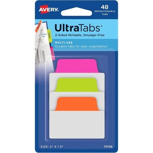 image:imageAvery Multiuse Ultra Tabs 2 x 15 2Side Writable Neon PinkGreenOrange 48 Repositionable Tabs 74756Assorted Neon