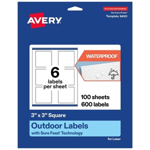 image:imageAvery Outdoor Waterproof Square Labels with Sure Feed Technology 3 x 3 White Film PrinttoTheEdge Compatible with Laser Printers 60 Labels Total600 labels