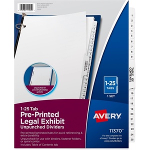 image:imageAvery Premium Collated Legal Exhibit Binder Dividers with Tabs 125 and Table of Contents 85 x 11 Inches Binder Divider with Tabs Avery Style 11370One Size Pack of 12