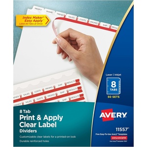 image:imageAvery Print amp Apply Clear Label Dividers Index Maker Easy Apply Printable Label Strip 8 White Tabs 50 Sets Case Pack of 2 11557100 Sets