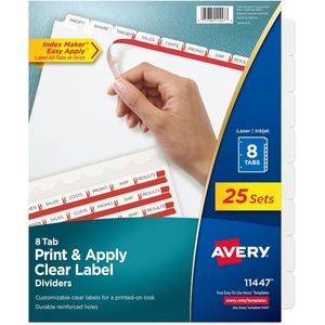 image:imageAvery Print amp Apply Clear Label Dividers Index Maker Easy Apply Printable Label Strip 8 White Tabs 50 Sets Case Pack of 2 1155725 Sets