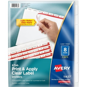 image:imageAvery Print amp Apply Clear Label Dividers Index Maker Easy Apply Printable Label Strip 8 White Tabs 50 Sets Case Pack of 2 1155750 Sets