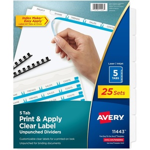 image:imageAvery Print amp Apply Clear Label Unpunched Dividers Index Maker Easy Apply Printable Label Strip 5 White Tabs 25 Sets Case Pack of 6 11433150 Sets