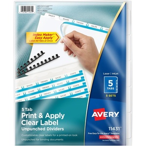 image:imageAvery Print amp Apply Clear Label Unpunched Dividers Index Maker Easy Apply Printable Label Strip 5 White Tabs 25 Sets Case Pack of 6 114335 Sets