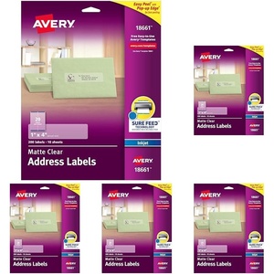 image:imageAvery Printable Address Labels Sure Feed Technology 1 x 4 Matte Clear 200 Blank Mailing Labels 18661Each Pack of 5