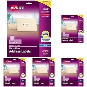 image:imageAvery Printable Address Labels with Sure Feed 1 x 258 Matte Clear 300 Blank Mailing Labels 18660One Size Pack of 5