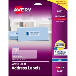 image:imageAvery Printable Address Labels with Sure Feed Matte Clear 113 x 4 350 Mailing Labels 08662One size