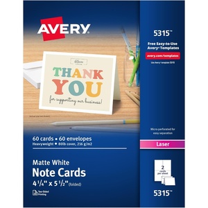 image:imageAvery Printable Note Cards Envelopes Included 425 x 55 Matte White Laser Printer Compatible 60 Blank Cards Total Great for Product Branding Marketing and More 5315414 x 512 Inches