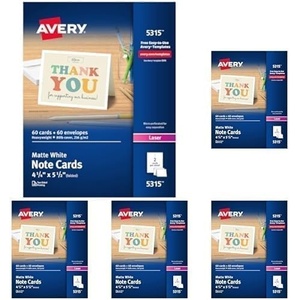 image:imageAvery Printable Note Cards Envelopes Included 425 x 55 Matte White Laser Printer Compatible 60 Blank Cards Total Great for Product Branding Marketing and More 5315414 x 512 Inches Pack of 5