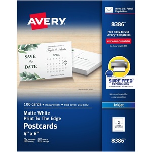 image:imageAvery Printable Postcards Sure Feed Technology 4 x 6 Matte White 100 Blank Postcards for Inkjet Printers 83864 x 6
