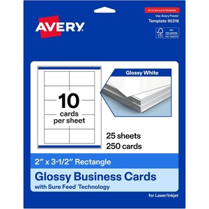 image:imageAvery Printable Rectangle Business Cards Sure Feed Technology 2 x 312 Glossy White Cardstock PrintToTheEdge LaserInkjet Printable 100 Total250 cards