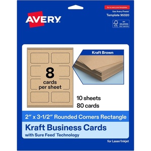 image:imageAvery Printable Rectangle Rounded Corner Business Cards Sure Feed Technology 2 x 312 Kraft Brown Cardstock PrintToTheEdge LaserInkjet Printable 80 Total80 cards