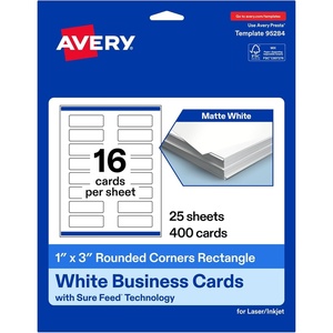 image:imageAvery Printable Rectangle Rounded Corner Mini Business Cards Sure Feed Technology 1 x 3 Matte White Cardstock PrintToTheEdge LaserInkjet Printable 400 Total400 cards
