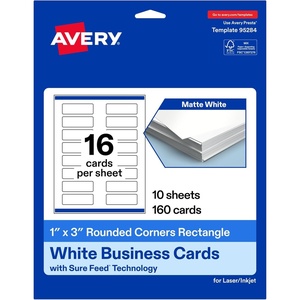 image:imageAvery Printable Rectangle Rounded Corner Mini Business Cards Sure Feed Technology 1 x 3 Matte White Cardstock PrintToTheEdge LaserInkjet Printable 400 Total160 cards