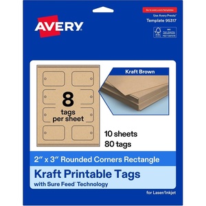 image:imageAvery Printable Rectangle Rounded Corner Tags Sure Feed Technology 2 x 3 Kraft Brown Cardstock PrintToTheEdge LaserInkjet Printable 80 Total Great for Custom Gift or Branding Tags80 cards