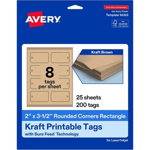 image:imageAvery Printable Rectangle Rounded Corner Tags Sure Feed Technology 2 x 312 Kraft Brown Cardstock PrintToTheEdge LaserInkjet Printable 80 Total Great for Custom Gift or Branding Tags200 cards