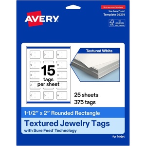 image:imageAvery Printable Rectangle Rounded Jewelry Tags Sure Feed Technology 15 x 2 Textured Glossy White PrinttoTheEdge Capability Laser amp Inkjet Compatible 375 Total375 Tags