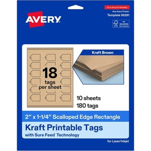 image:imageAvery Printable Rectangle Scalloped Tags Sure Feed Technology 2 x 114 Kraft Brown Cardstock PrintToTheEdge LaserInkjet Printable 180 Total Great for Custom Gift or Branding Tags180 cards