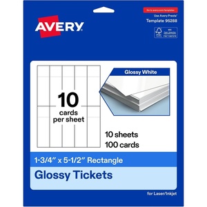 image:imageAvery Printable Rectangle Tickets 134 x 512 Glossy White Cardstock LaserInkjet Printable 500 Total100 cards