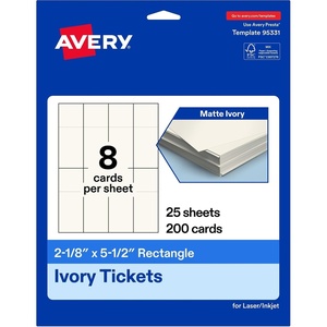 image:imageAvery Printable Rectangle Tickets 218 x 512 Matte Ivory Cardstock LaserInkjet Printable 200 Total200 cards