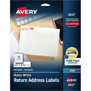 image:imageAvery Printable Return Address Labels 075 x 225 Matte White Sure Feed Technology Inkjet Printer Compatible 600 Blank Labels Great for Mailing Branding School Supplies and More 8257Pack of 600
