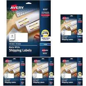 image:imageAvery Printable Shipping Labels 2 x 4 Matte White Sure Feed Technology Inkjet Printer Compatible 200 Blank Labels Great for Mailing Branding School Supplies and More 8253One Size Pack of 5