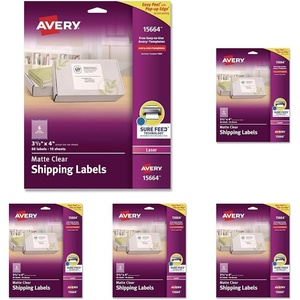 image:imageAvery Printable Shipping Labels Sure Feed Technology 313 x 4 Matte Clear 60 Blank Mailing Labels 15664One Size Pack of 5